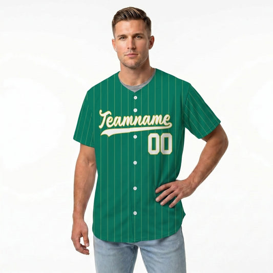 Custom Baseball Jersey - Personalized Green Shirt with Pinstripes & Gold Details - Full Sublimation