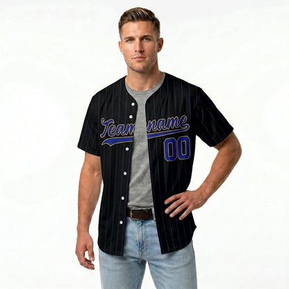 Custom Baseball Jersey - Personalized Black Shirt with Blue Pinstripes & Gold Details - Full Sublimation