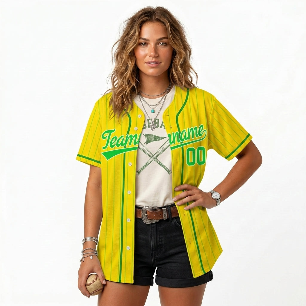 Custom Baseball Jersey - Personalized Yellow Shirt with Green Pinstripes & Graphics