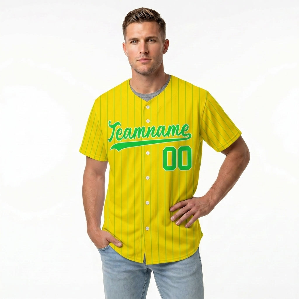 Custom Baseball Jersey - Personalized Yellow Shirt with Green Pinstripes & Graphics