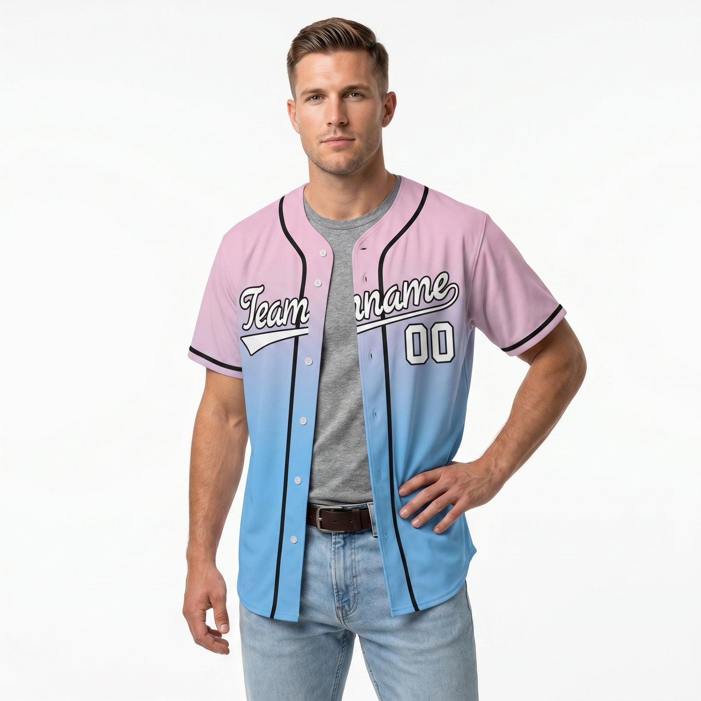 Custom Pink Blue White-Black  Aunthentic Fade Fashion Baseball Jersey