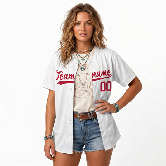 Custom Baseball Jersey - Personalized White Shirt with Red Lettering - Full Sublimation