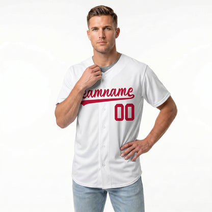 Custom Baseball Jersey - Personalized White Shirt with Red Lettering - Full Sublimation for Men Women- Personalized Team Sportswear printed or Stitched Name Number (Size S-8XL)