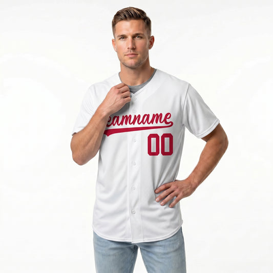 Custom Baseball Jersey - Personalized White Shirt with Red Lettering - Full Sublimation