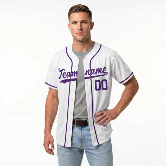 Premium Custom Baseball Jersey | White Shirt with Purple Trim - Full Sublimation