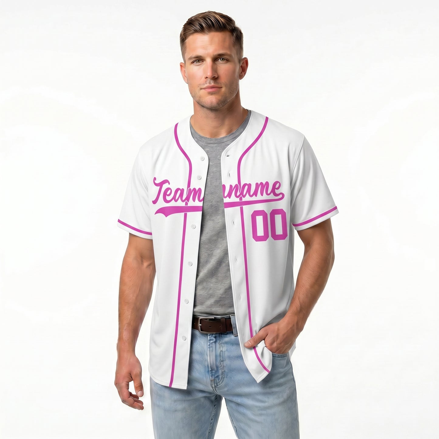 Custom Baseball Jersey - Personalized White Shirt with Pink Lettering - Full Sublimation