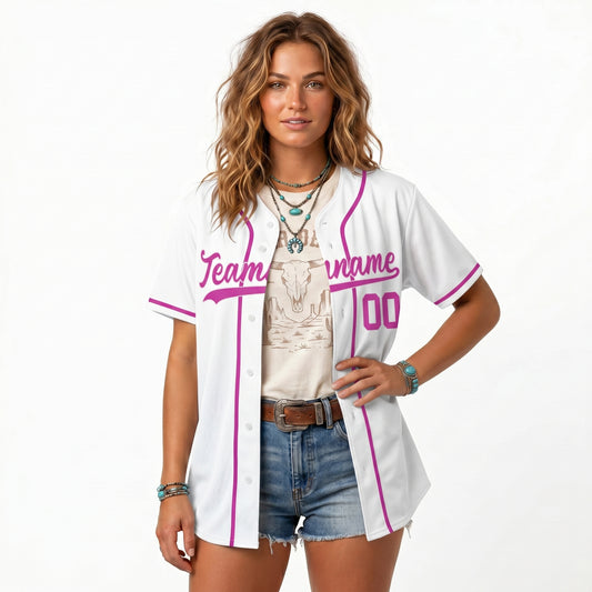 Custom Baseball Jersey - Personalized White Shirt with Pink Lettering - Full Sublimation