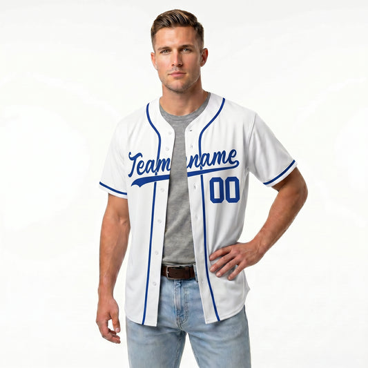 Custom Baseball Jersey - Personalized White Shirt with Royal Blue Details - Full Sublimation