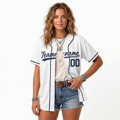 Custom Baseball Jersey - Personalized White Shirt with Navy Blue Piping - Full Sublimation for Men Women- Personalized Team Sportswear printed or Stitched Name Number (Size S-8XL)