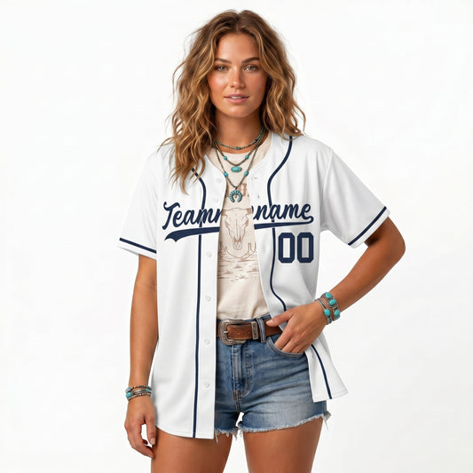 Custom Baseball Jersey - Personalized White Shirt with Navy Blue Piping - Full Sublimation