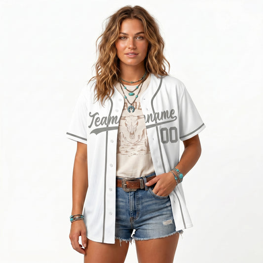 Custom Baseball Jersey - Personalized White Shirt with Grey Piping - Full Sublimation