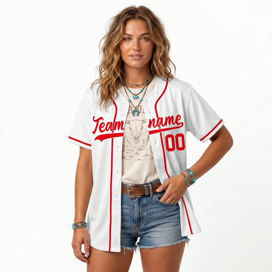 Custom Baseball Jersey - Personalized White Shirt with Red Piping - Full Sublimation