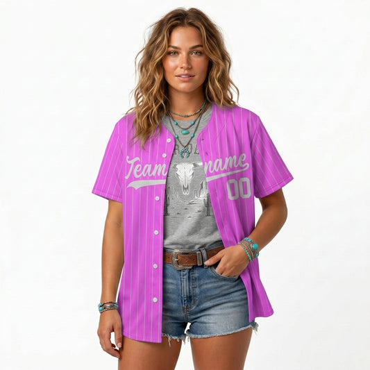 Custom Baseball Jersey - Personalized Pink Shirt with White Pinstripes - Full Sublimation