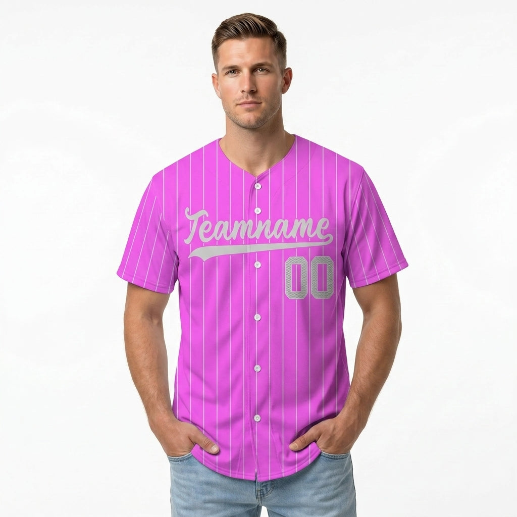Custom Baseball Jersey - Personalized Pink Shirt with White Pinstripes - Full Sublimation