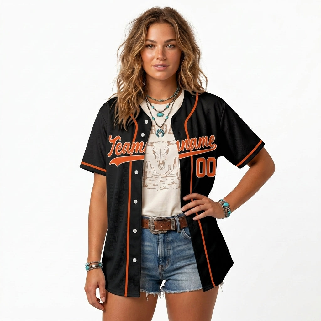 Custom Baseball Jersey - Personalized Black Shirt with Orange Piping - Full Sublimation