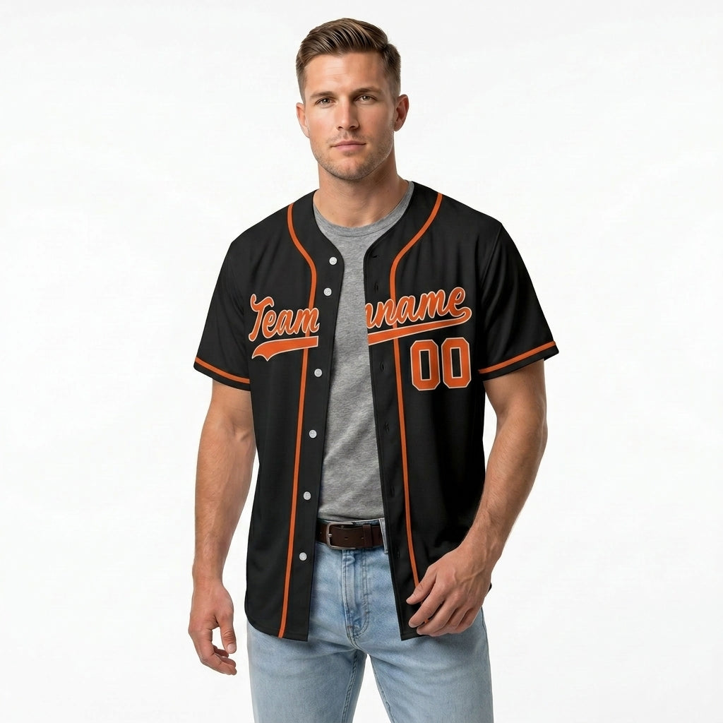 Custom Baseball Jersey - Personalized Black Shirt with Orange Piping - Full Sublimation