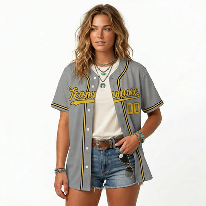 Custom Baseball Jersey - Personalized Grey Shirt with Gold & Black Piping - Full Sublimation