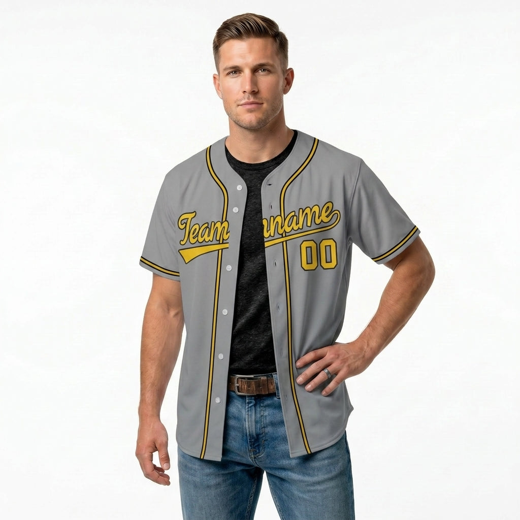 Custom Baseball Jersey - Personalized Grey Shirt with Gold & Black Piping - Full Sublimation