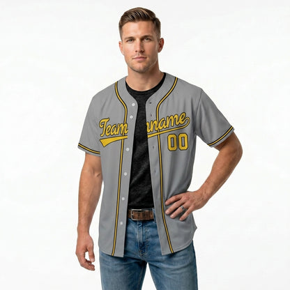 Custom Baseball Jersey - Personalized Grey Shirt with Gold & Black Piping - Full Sublimation