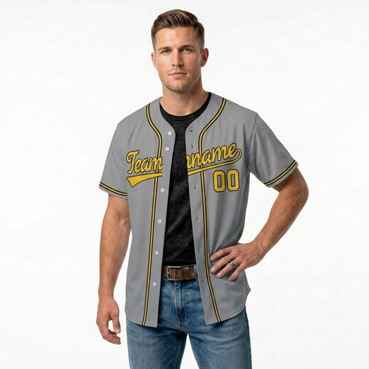 Custom Baseball Jersey - Personalized Grey Shirt with Gold & Black Piping - Full Sublimation