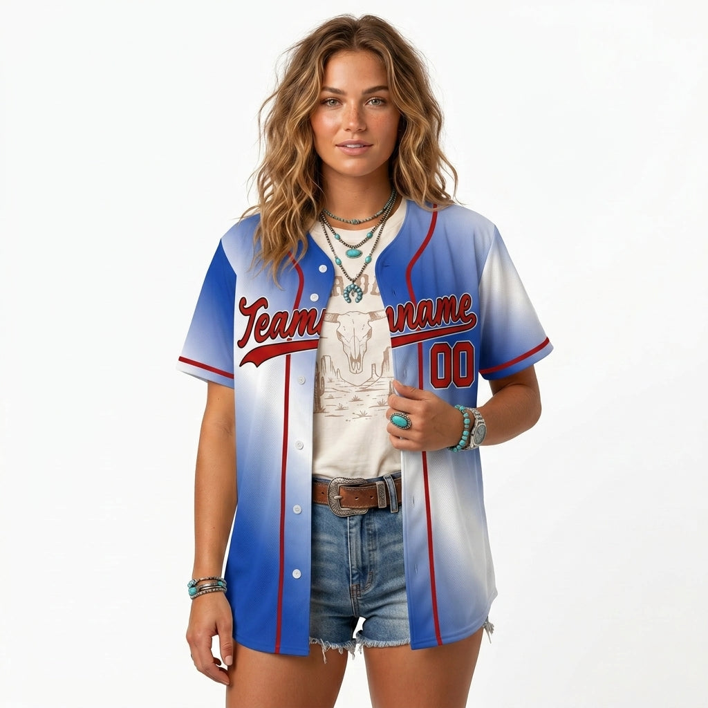 Custom Baseball Jersey - Personalized Blue Gradient Shirt with Red Piping - Full Sublimation