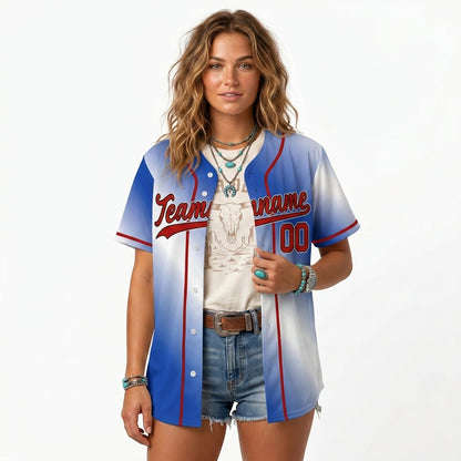 Custom Baseball Jersey - Personalized Blue Gradient Shirt with Red Piping - Full Sublimation