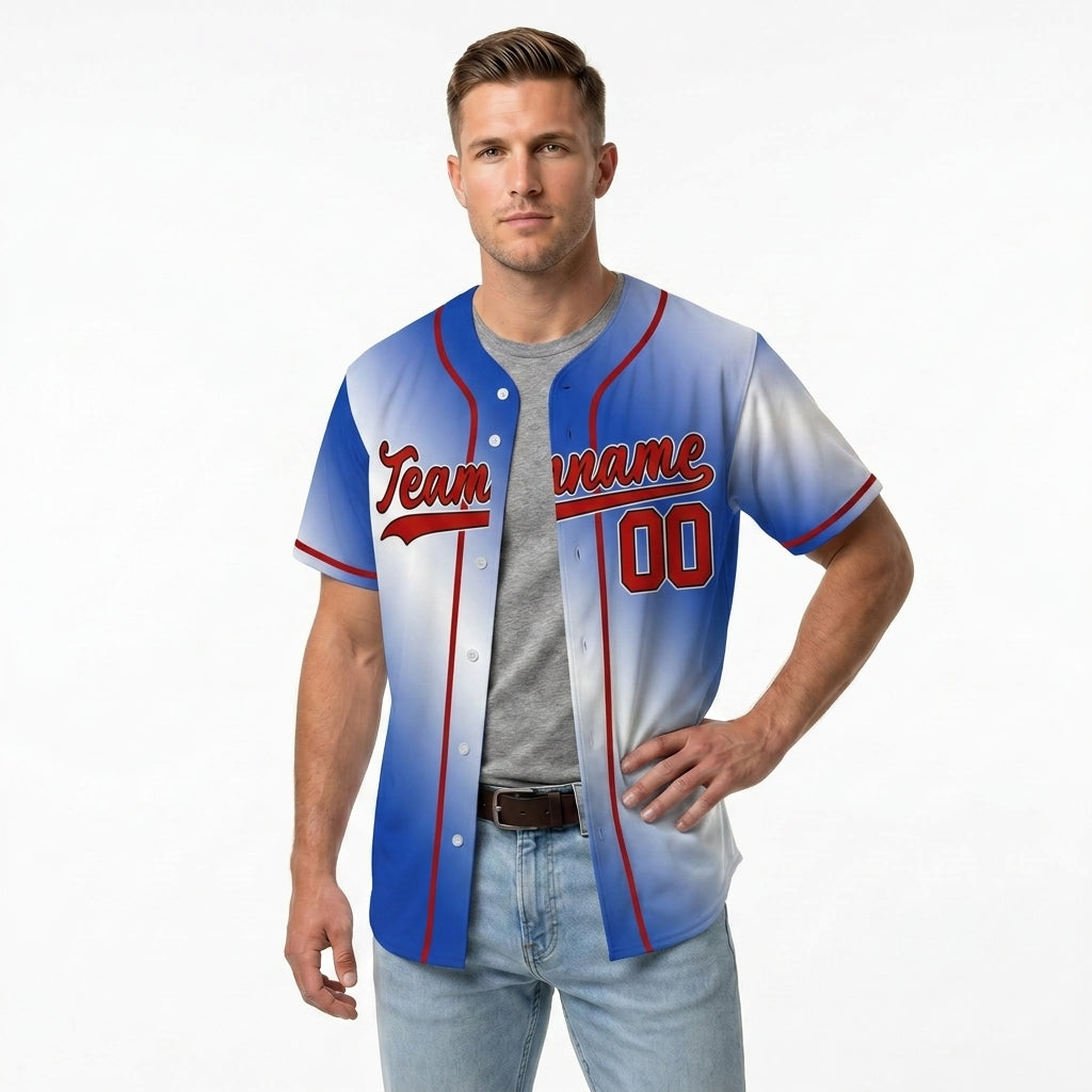 Custom Baseball Jersey - Personalized Blue Gradient Shirt with Red Piping - Full Sublimation