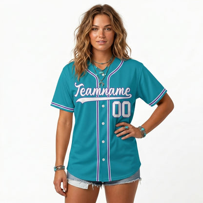 Custom Baseball Jersey - Personalized Teal Shirt with Purple & White Piping - Full Sublimation