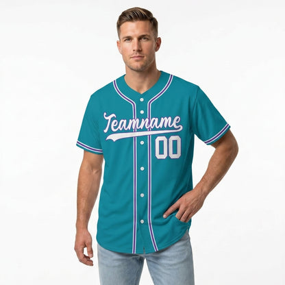 Custom Baseball Jersey - Personalized Teal Shirt with Purple & White Piping - Full Sublimation
