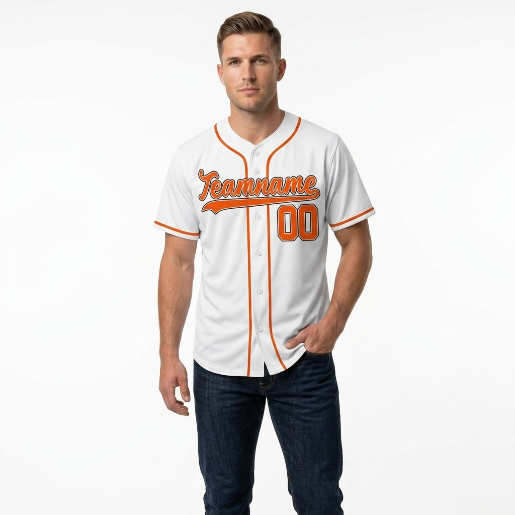 Custom Baseball Jersey - Personalized White Shirt with Orange Piping - Full Sublimation