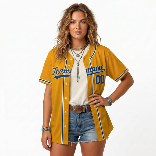 Custom Baseball Jersey - Personalized Gold Shirt with Blue & White Piping Graphics