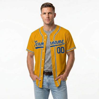 Custom Baseball Jersey - Personalized Gold Shirt with Blue & White Piping Graphics