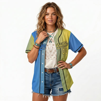 Custom Baseball Jersey - Personalized Gradient Shirt with Blue & Yellow Split Design