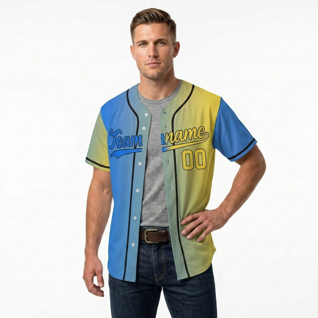 Custom Baseball Jersey - Personalized Gradient Shirt with Blue & Yellow Split Design