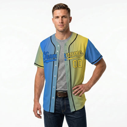 Custom Baseball Jersey - Personalized Gradient Shirt with Blue & Yellow Split Design