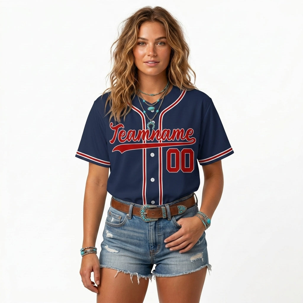Custom Baseball Jersey - Personalized Navy Shirt with Red & White Piping - Full Sublimation