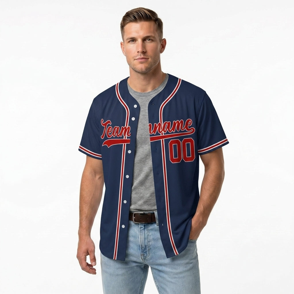 Custom Baseball Jersey - Personalized Navy Shirt with Red & White Piping - Full Sublimation