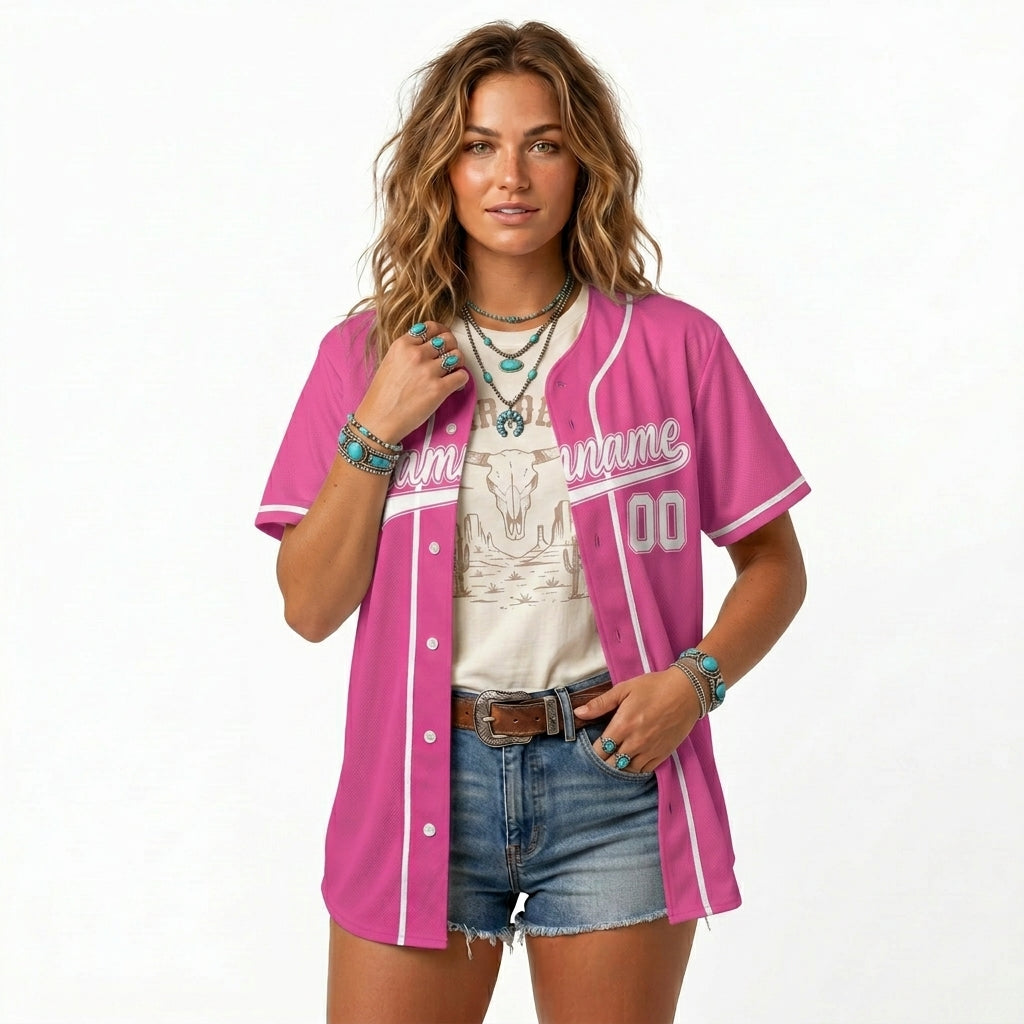 Custom Baseball Jersey - Personalized Pink Shirt with White Piping - Full Sublimation