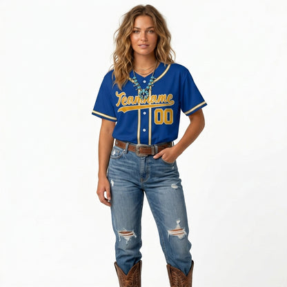 Custom Baseball Jersey - Personalized Royal Blue Shirt with Gold & White Piping - Full Sublimation