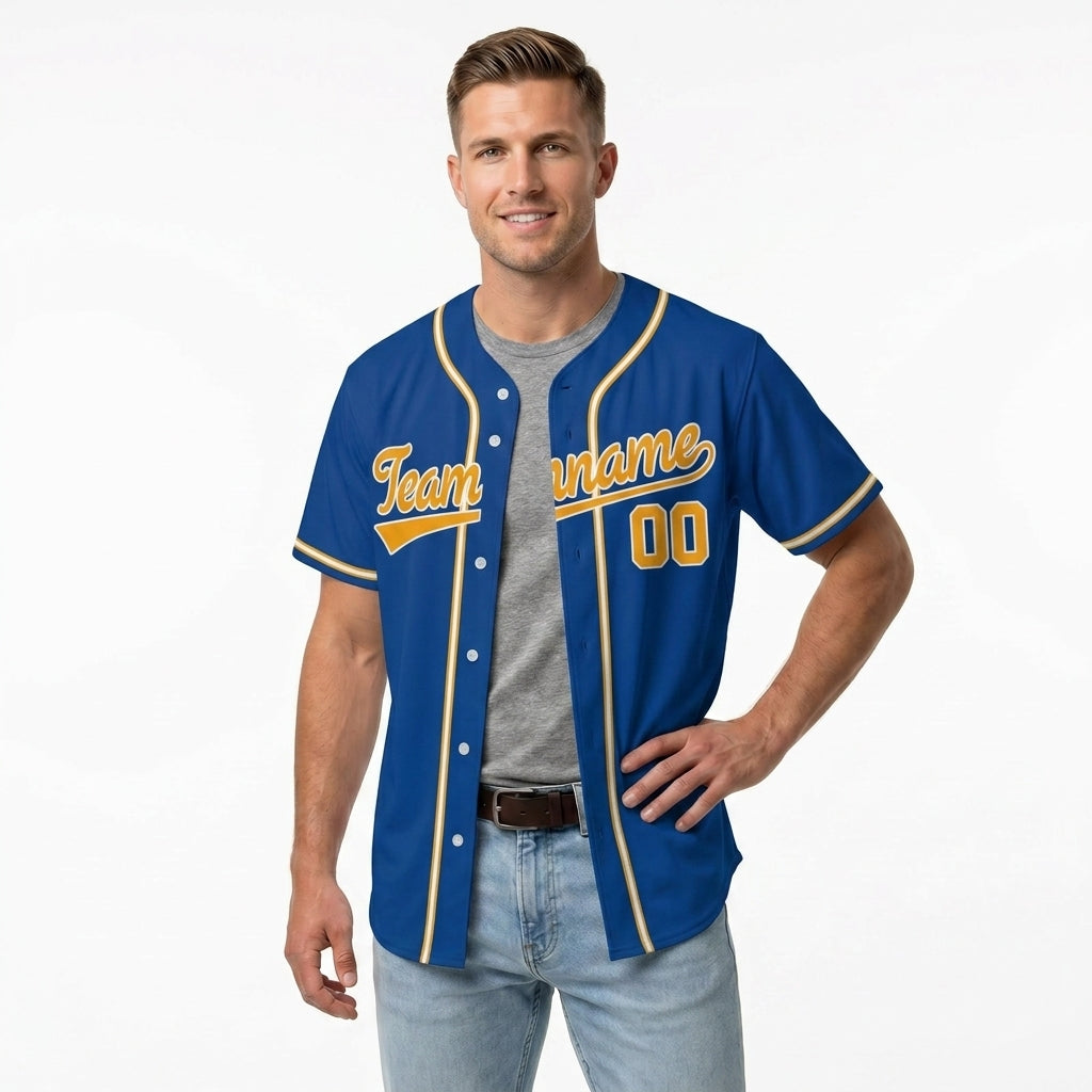 Custom Baseball Jersey - Personalized Royal Blue Shirt with Gold & White Piping - Full Sublimation