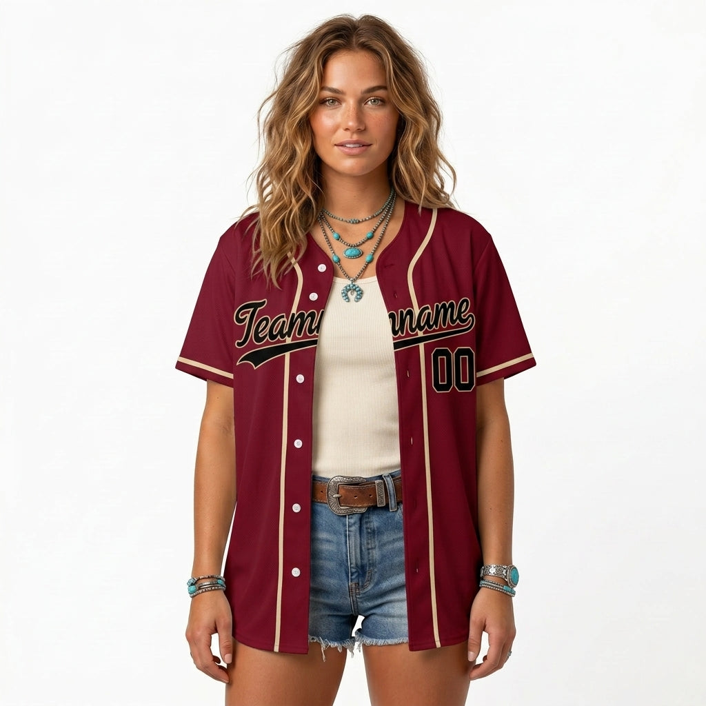 Custom Baseball Jersey - Personalized Maroon Shirt with Gold Piping & Black Graphics