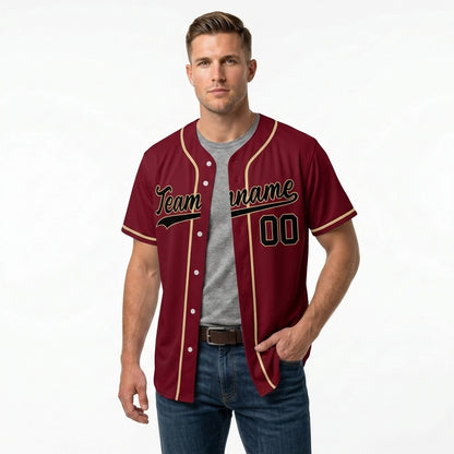 Custom Baseball Jersey - Personalized Maroon Shirt with Gold Piping & Black Graphics