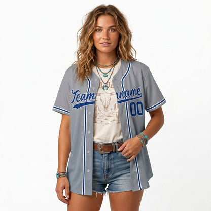 Custom Baseball Jersey - Personalized Grey Shirt with Navy & White Piping - Full Sublimation