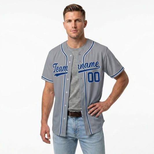 Custom Baseball Jersey - Personalized Grey Shirt with Navy & White Piping - Full Sublimation
