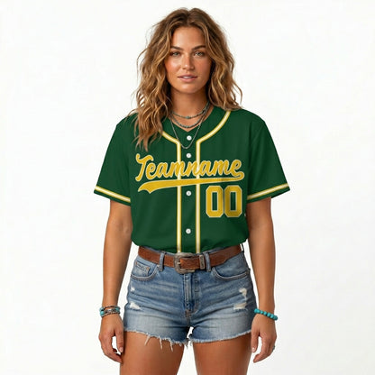 Custom Baseball Jersey - Personalized Green Shirt with Gold & White Piping - Full Sublimation