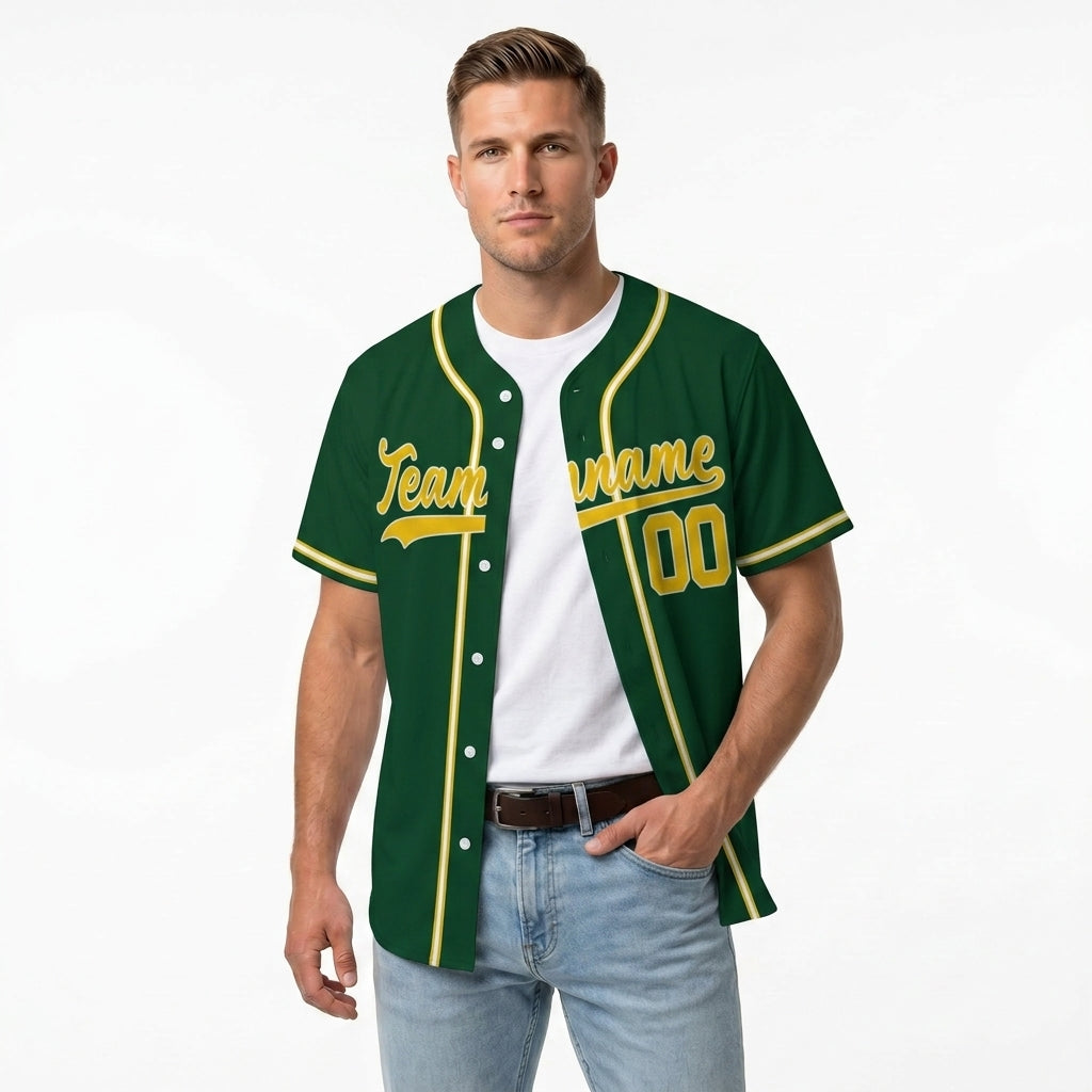 Custom Baseball Jersey - Personalized Green Shirt with Gold & White Piping - Full Sublimation