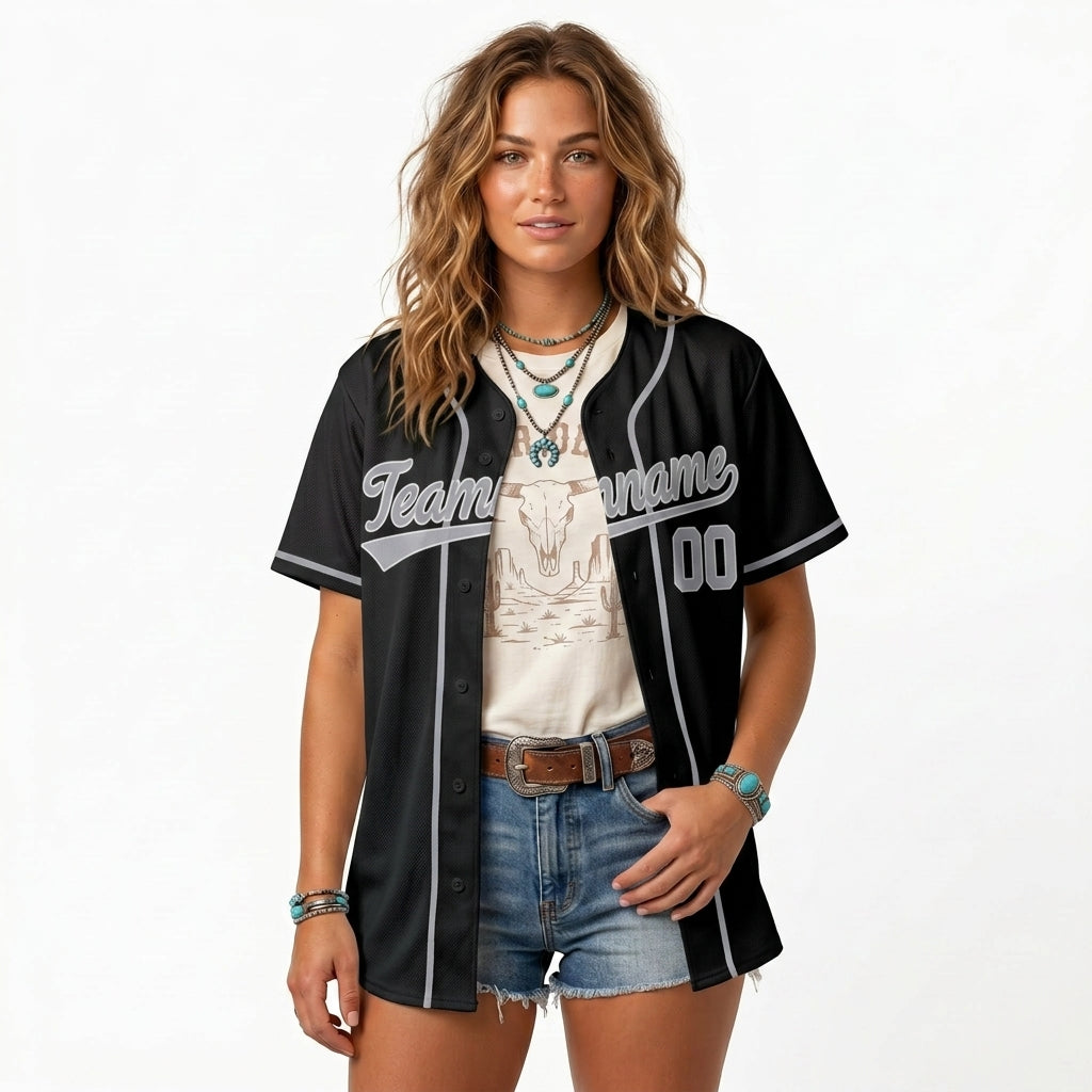 Custom Baseball Jersey - Personalized Black Shirt with Silver-Grey Piping - Full Sublimation