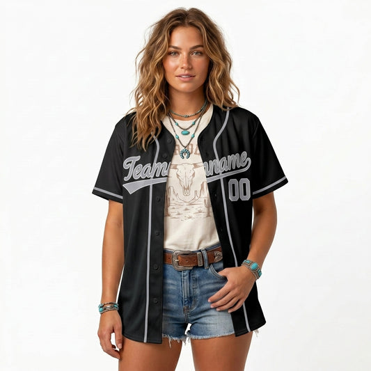 Custom Baseball Jersey - Personalized Black Shirt with Silver-Grey Piping - Full Sublimation