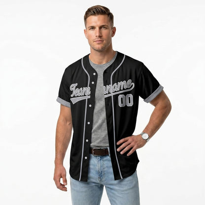 Custom Baseball Jersey - Personalized Black Shirt with Silver-Grey Piping - Full Sublimation