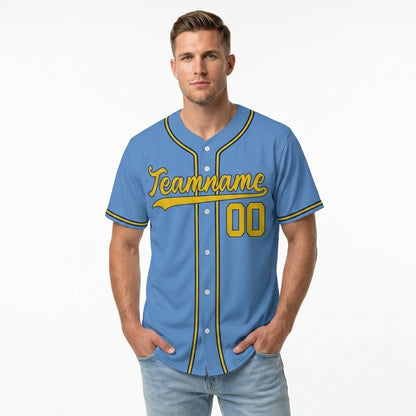Custom Baseball Jersey - Personalized Sky Blue Shirt with Gold & Navy Piping - Full Sublimation